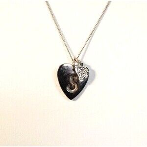 Double Heart Pendant Necklace "S" Initial Rhinestone Silver Tone